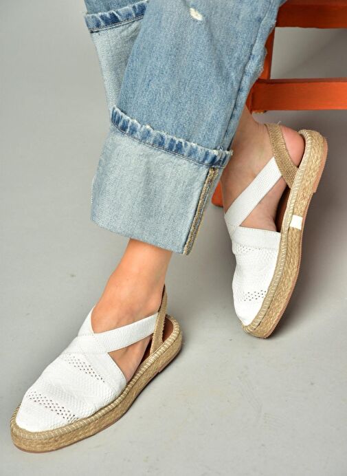 S404010106 Beyaz Dantel Kumaş Kadın Espadril Sandalet - Görsel 5