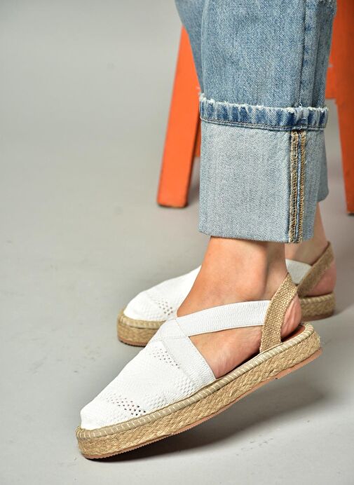 S404010106 Beyaz Dantel Kumaş Kadın Espadril Sandalet - Görsel 6