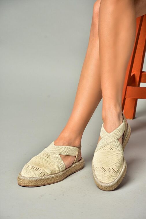 S404010106 Bej Dantel Kumaş Kadın Espadril Sandalet - Görsel 2