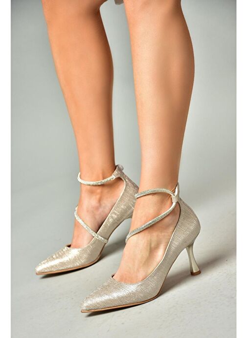 S246069714 Altın Simli İnce Topuklu Kadın Abiye Ayakkabı - Görsel 5