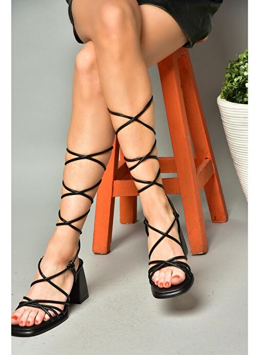 S282470509 Siyah Kalın Topuklu Bağlamalı Kadın Ayakkabı - Görsel 3