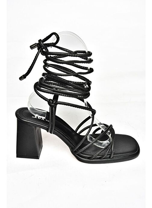 S282470509 Siyah Kalın Topuklu Bağlamalı Kadın Ayakkabı - Görsel 4