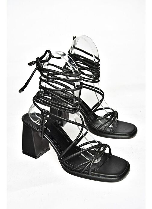 S282470509 Siyah Kalın Topuklu Bağlamalı Kadın Ayakkabı - Görsel 5