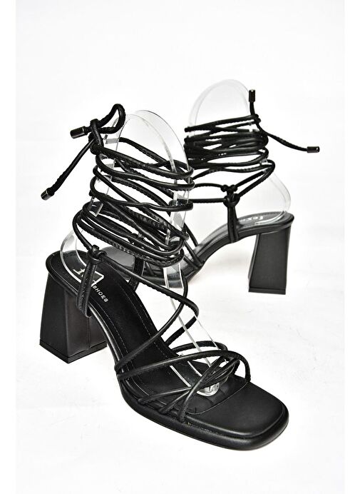 S282470509 Siyah Kalın Topuklu Bağlamalı Kadın Ayakkabı - Görsel 6