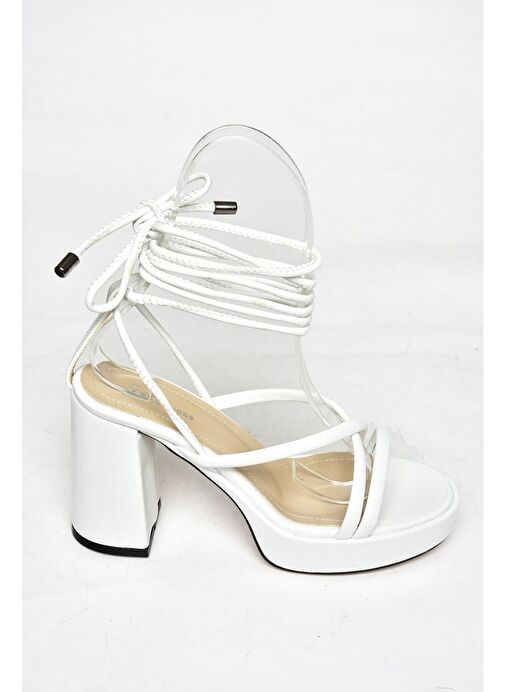 S282620509 Beyaz Kalın Topuklu Bağlamalı Kadın Ayakkabı - Görsel 7