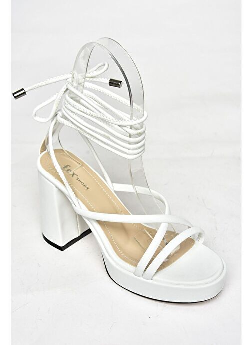 S282620509 Beyaz Kalın Topuklu Bağlamalı Kadın Ayakkabı - Görsel 8