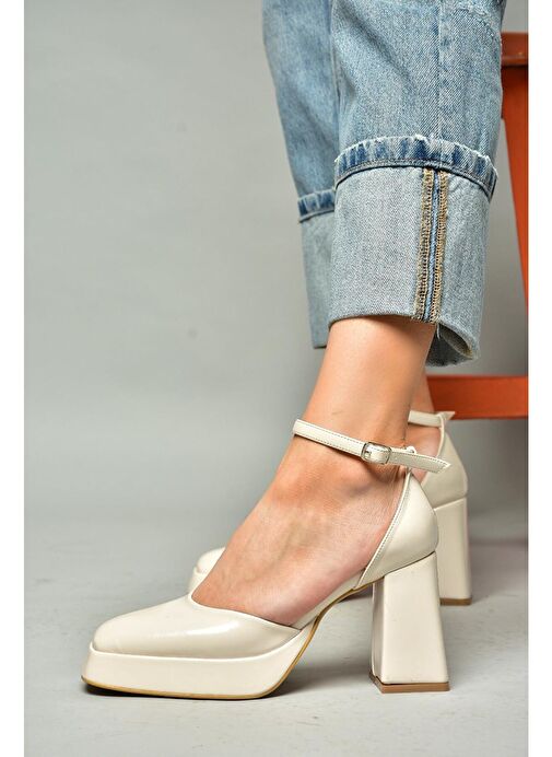 S282030308 Bej Rugan Kalın Topuklu Kadın Ayakkabı - Görsel 2