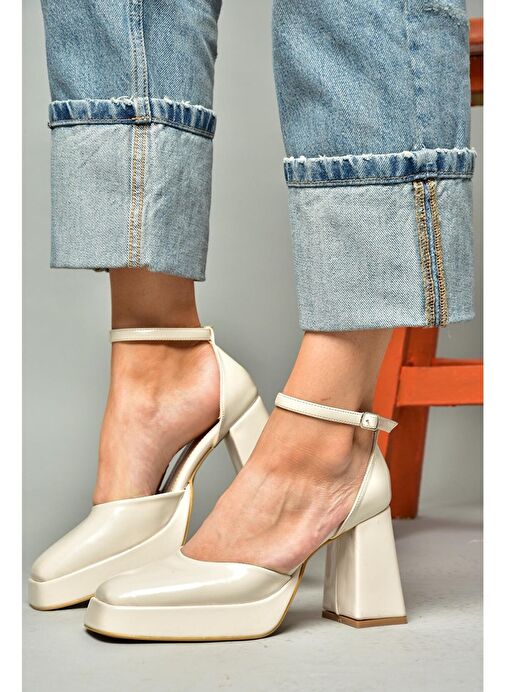 S282030308 Bej Rugan Kalın Topuklu Kadın Ayakkabı - Görsel 3