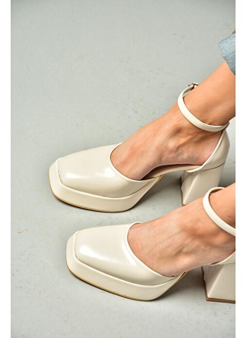 S282030308 Bej Rugan Kalın Topuklu Kadın Ayakkabı - Görsel 4