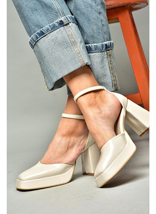 S282030308 Bej Rugan Kalın Topuklu Kadın Ayakkabı - Görsel 5