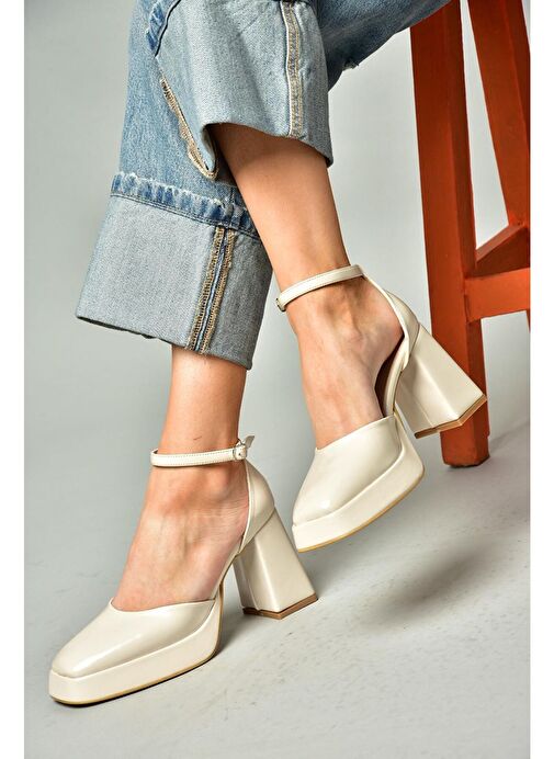 S282030308 Bej Rugan Kalın Topuklu Kadın Ayakkabı - Görsel 6