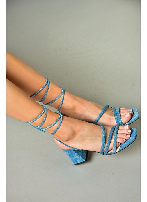 S369683010 Mavi Kot Topuklu Bilekten Bağlamalı Kadın Ayakkabı - Görsel 3