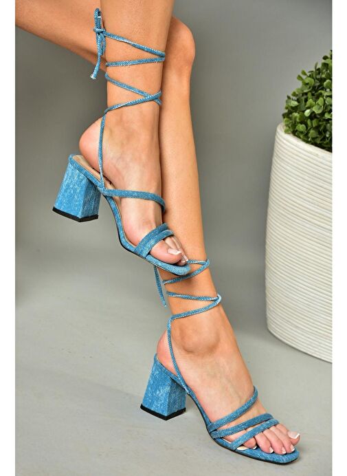 S369683010 Mavi Kot Topuklu Bilekten Bağlamalı Kadın Ayakkabı - Görsel 6