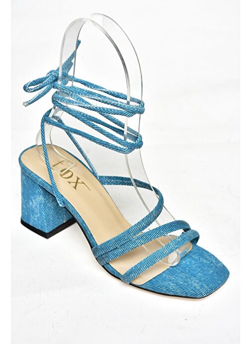 S369683010 Mavi Kot Topuklu Bilekten Bağlamalı Kadın Ayakkabı - Görsel 8