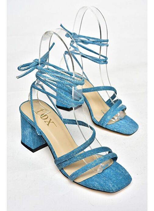 S369683010 Mavi Kot Topuklu Bilekten Bağlamalı Kadın Ayakkabı - Görsel 9