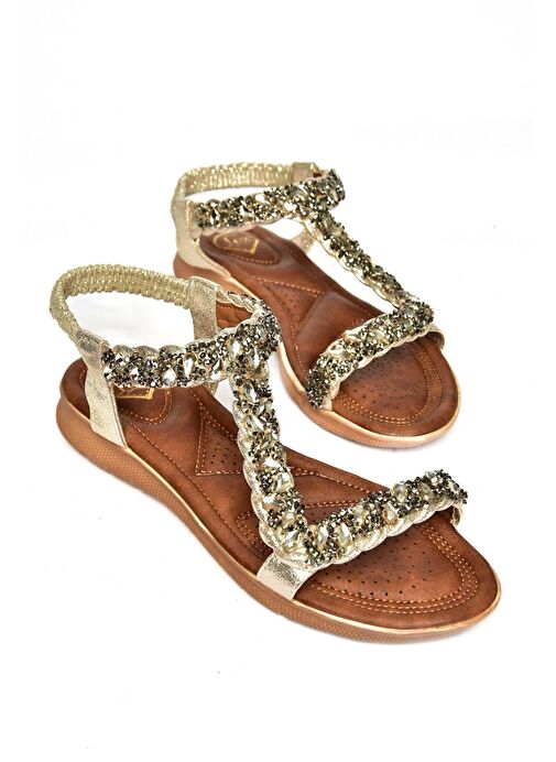 S258014809 Altın Alçak Tabanlı Kadın Sandalet - Görsel 8