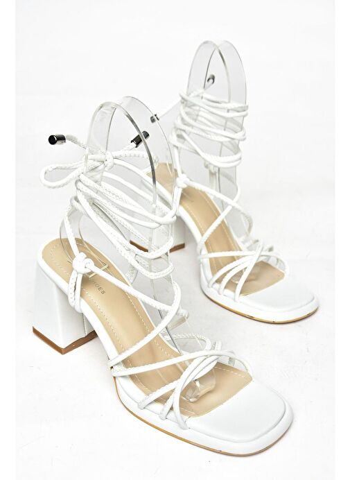 S282470509 Beyaz Kalın Topuklu Bağlamalı Kadın Ayakkabı - Görsel 7