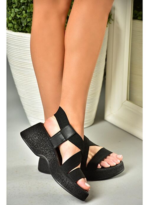 S996048004 Siyah Kumaş Kalın Tabanlı Kadın Sandalet - Görsel 3