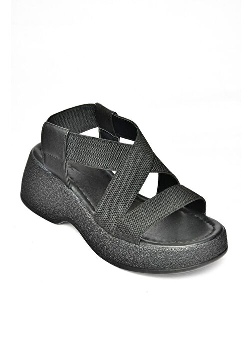 S996048004 Siyah Kumaş Kalın Tabanlı Kadın Sandalet - Görsel 5