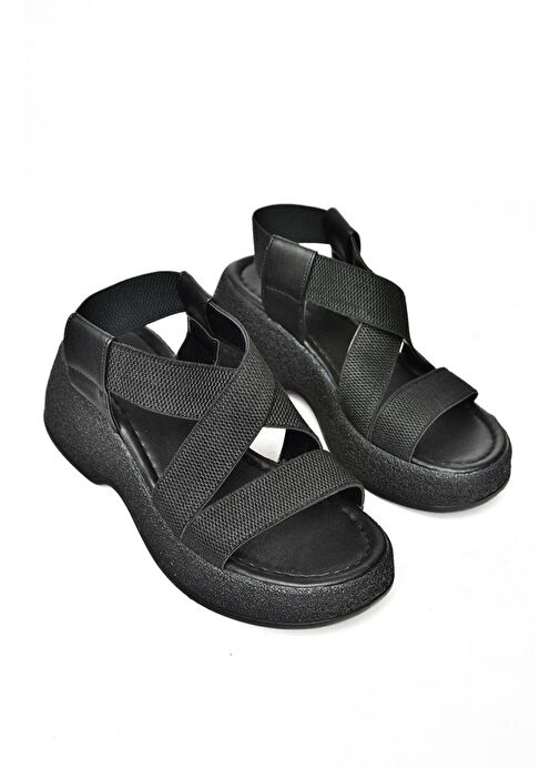 S996048004 Siyah Kumaş Kalın Tabanlı Kadın Sandalet - Görsel 7