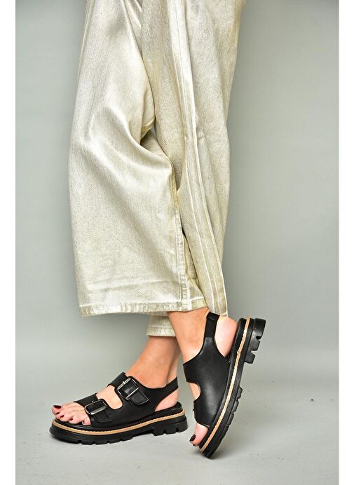 S996079109 Siyah Kalın Tabanlı Kadın Sandalet - Görsel 2