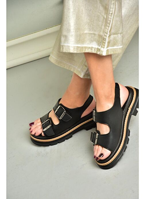 S996079109 Siyah Kalın Tabanlı Kadın Sandalet - Görsel 3