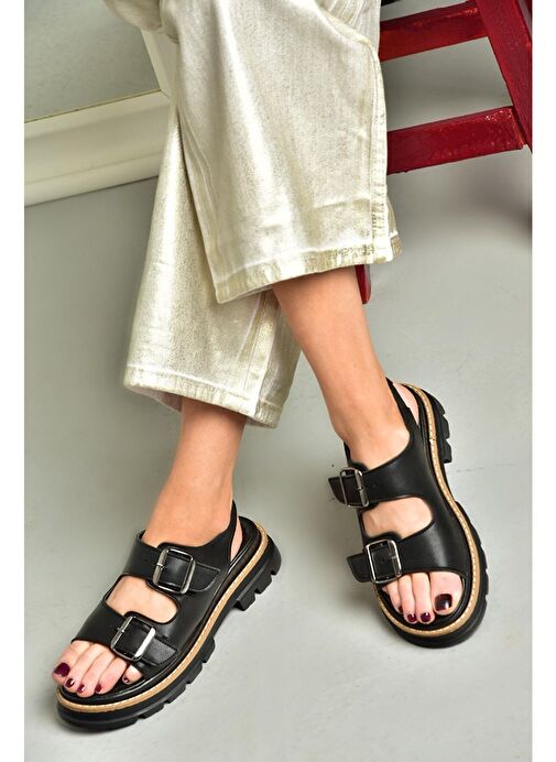 S996079109 Siyah Kalın Tabanlı Kadın Sandalet - Görsel 4