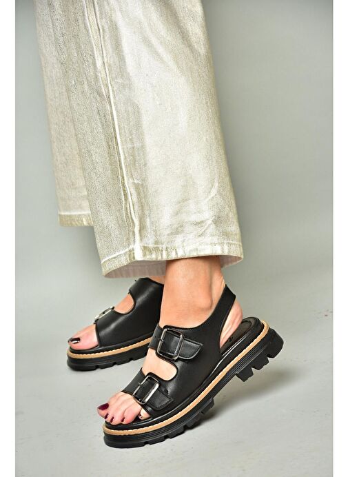 S996079109 Siyah Kalın Tabanlı Kadın Sandalet - Görsel 5