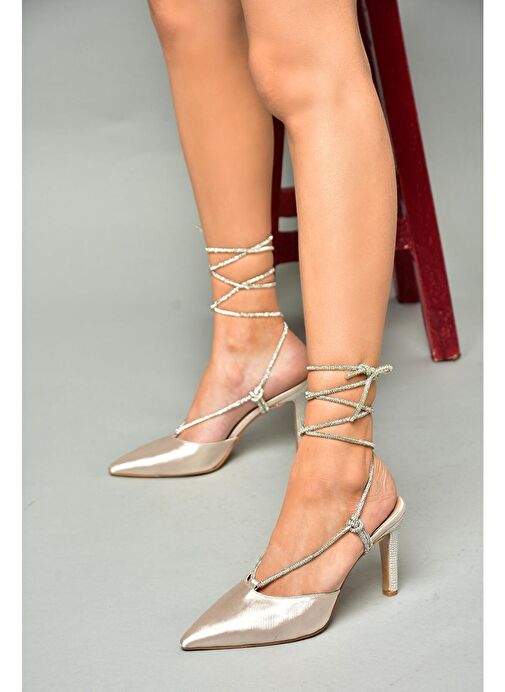 S404911004 Ten Saten Kumaş Bilekten Bağlamalı Kadın Abiye Ayakkabı - Görsel 4
