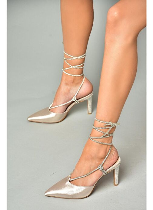 S404911004 Ten Saten Kumaş Bilekten Bağlamalı Kadın Abiye Ayakkabı - Görsel 5