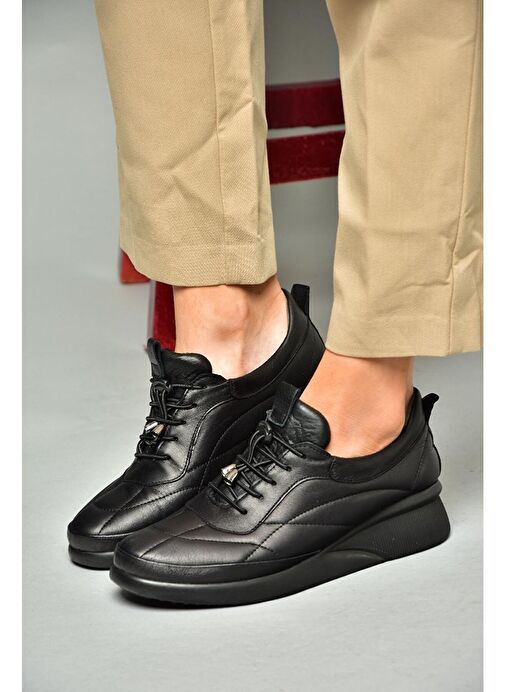 P555193203 Siyah Hakiki Deri Comfort Ortopedik Taban Kadın Ayakkabı - Görsel 5