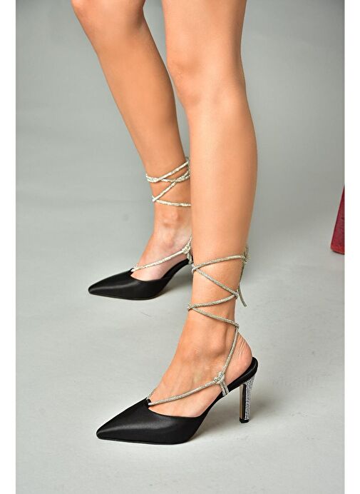 S404911004 Siyah Saten Kumaş Bilekten Bağlamalı Kadın Abiye Ayakkabı - Görsel 3