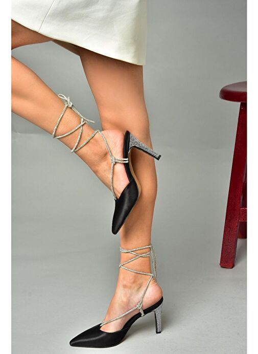 S404911004 Siyah Saten Kumaş Bilekten Bağlamalı Kadın Abiye Ayakkabı - Görsel 4