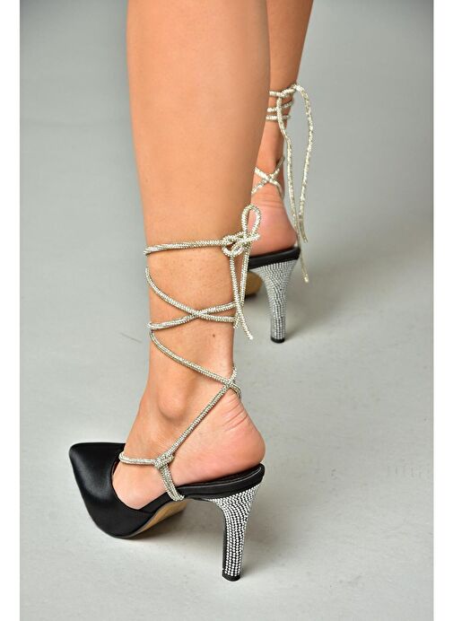 S404911004 Siyah Saten Kumaş Bilekten Bağlamalı Kadın Abiye Ayakkabı - Görsel 6