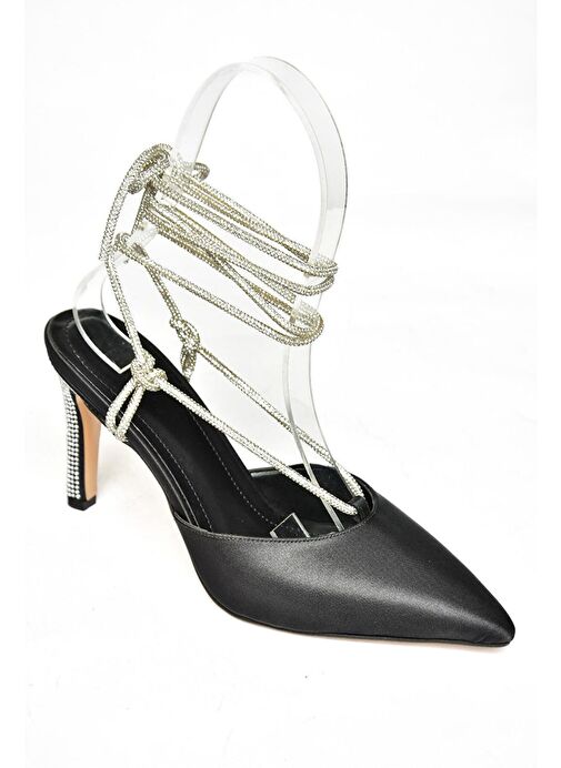 S404911004 Siyah Saten Kumaş Bilekten Bağlamalı Kadın Abiye Ayakkabı - Görsel 7