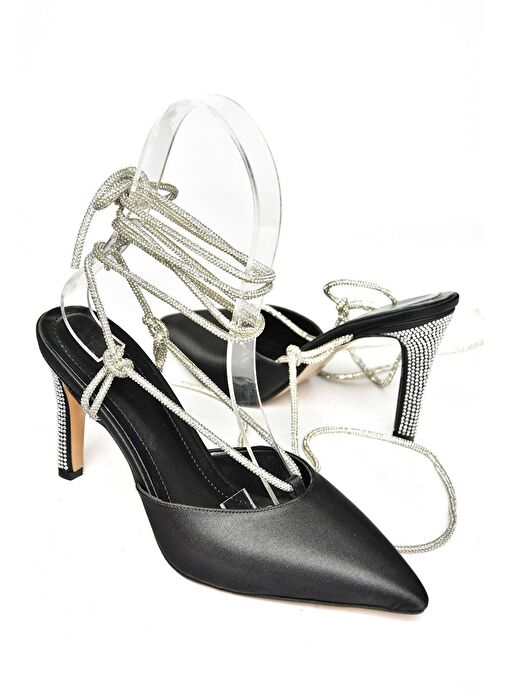 S404911004 Siyah Saten Kumaş Bilekten Bağlamalı Kadın Abiye Ayakkabı - Görsel 9