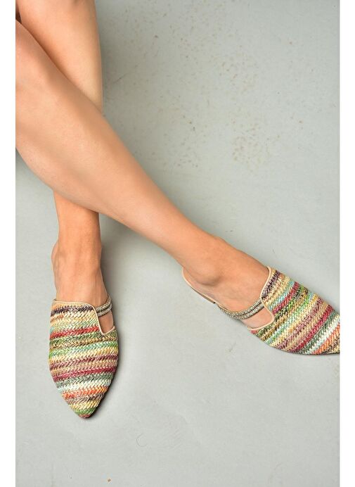 P820031417 Renkli Hasır Taş Detaylı Kadın Terlik - Görsel 5