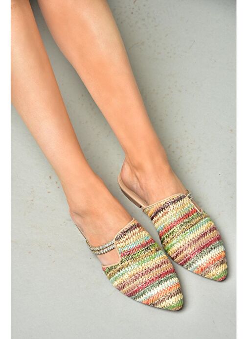 P820031417 Renkli Hasır Taş Detaylı Kadın Terlik - Görsel 6