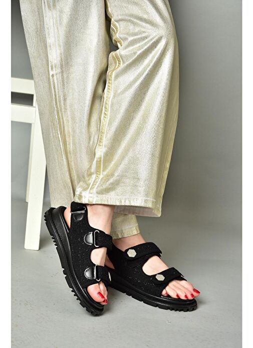 S267122004 Siyah Kumaş Kadın Sandalet - Görsel 2