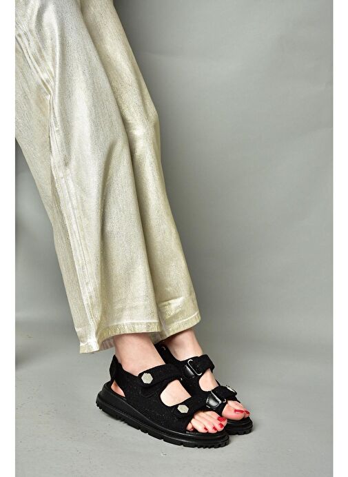 S267122004 Siyah Kumaş Kadın Sandalet - Görsel 3