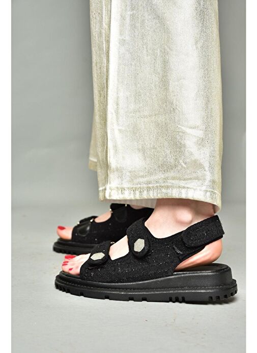 S267122004 Siyah Kumaş Kadın Sandalet - Görsel 4