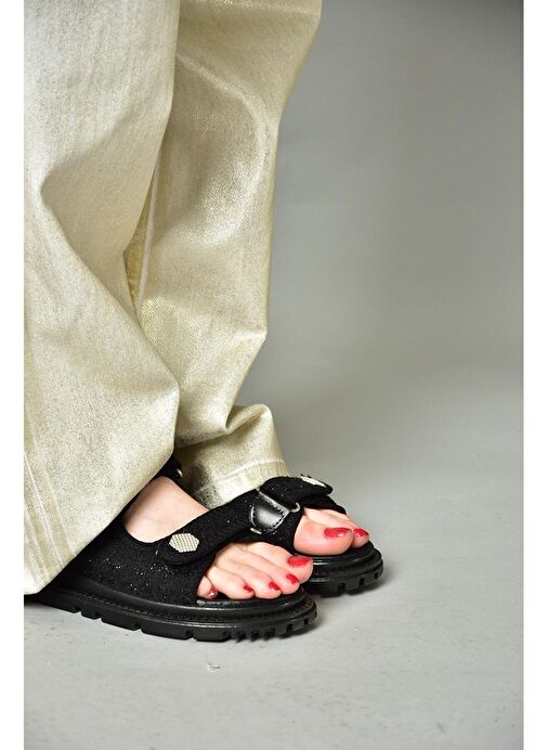 S267122004 Siyah Kumaş Kadın Sandalet - Görsel 5