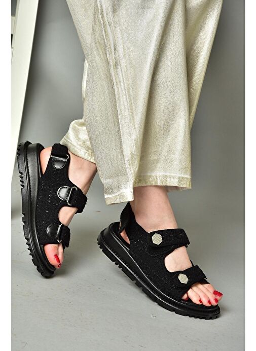 S267122004 Siyah Kumaş Kadın Sandalet - Görsel 6