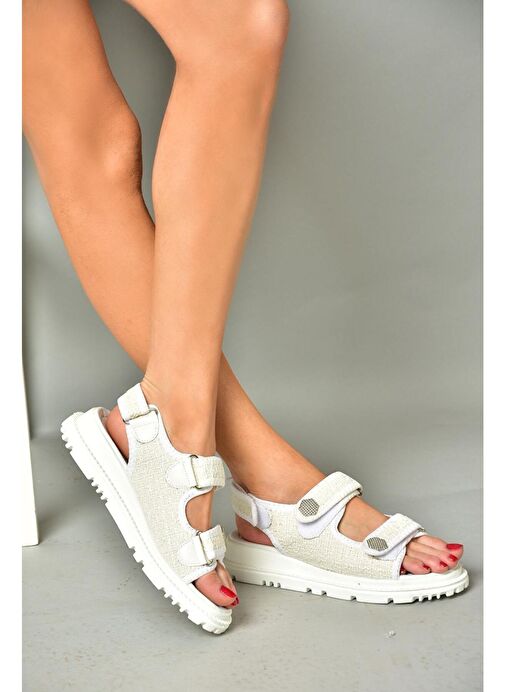 S267122004 Beyaz Kumaş Kadın Sandalet - Görsel 2