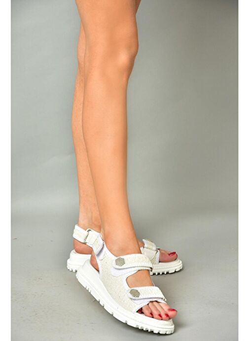 S267122004 Beyaz Kumaş Kadın Sandalet - Görsel 3