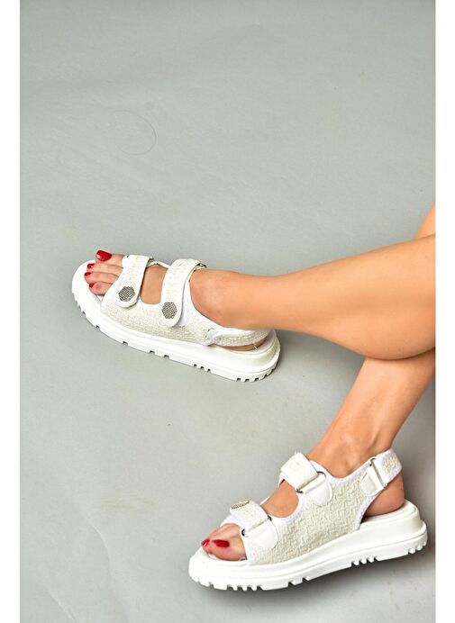 S267122004 Beyaz Kumaş Kadın Sandalet - Görsel 4