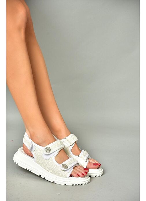 S267122004 Beyaz Kumaş Kadın Sandalet - Görsel 5