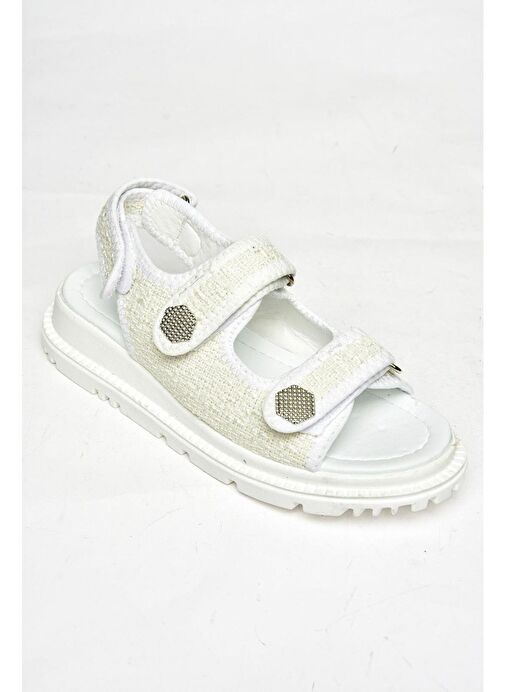 S267122004 Beyaz Kumaş Kadın Sandalet - Görsel 7