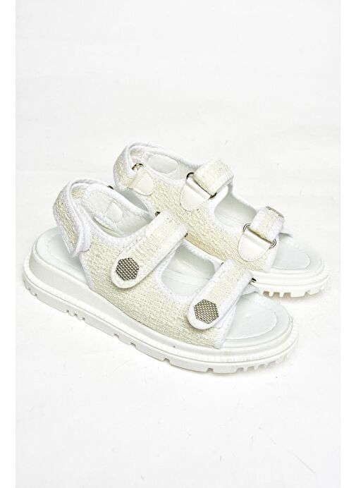 S267122004 Beyaz Kumaş Kadın Sandalet - Görsel 8