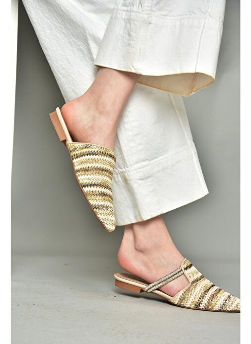 P820031417 Bej/Vizon Hasır Taş Detaylı Kadın Terlik - Görsel 2